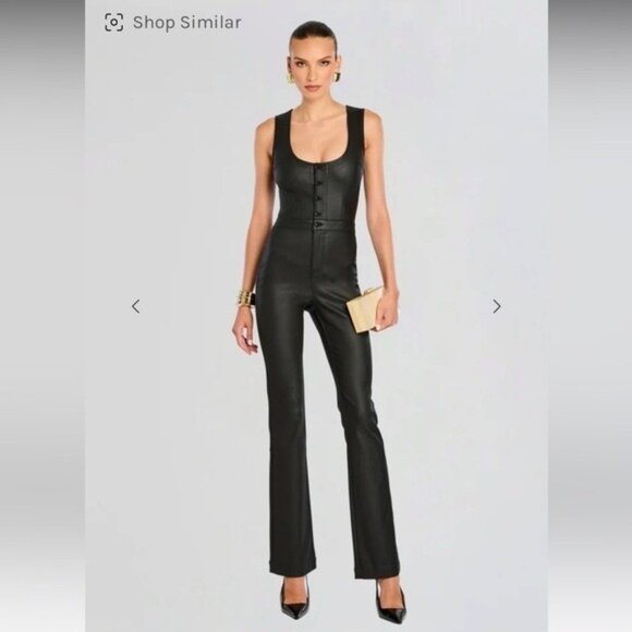 Retrofete Black Coated Denim Jumpsuit Plunge Flare Leg Black Size Small NWT - Picture 1 of 9